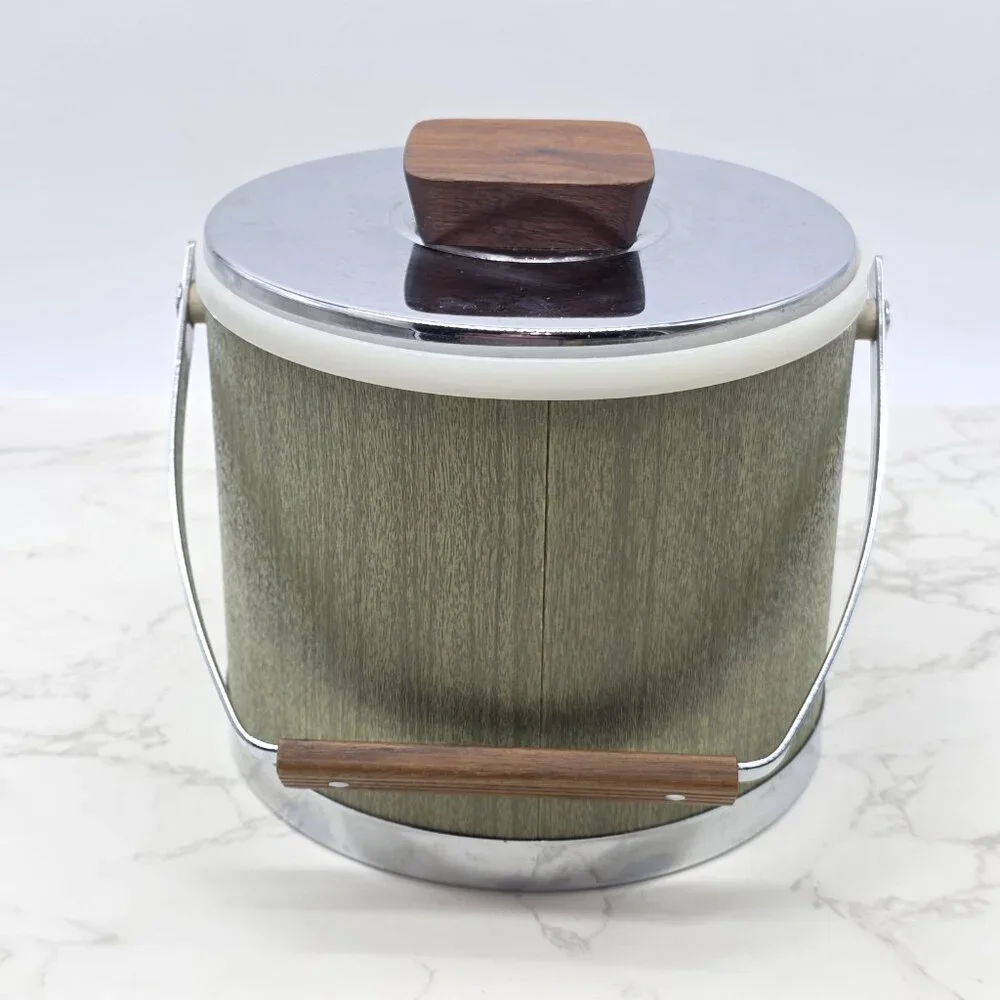 Vintage Kromex Ice Bucket Green Woodgrain Chrome Lid Mid Century Barware USA - Picture 8 of 11